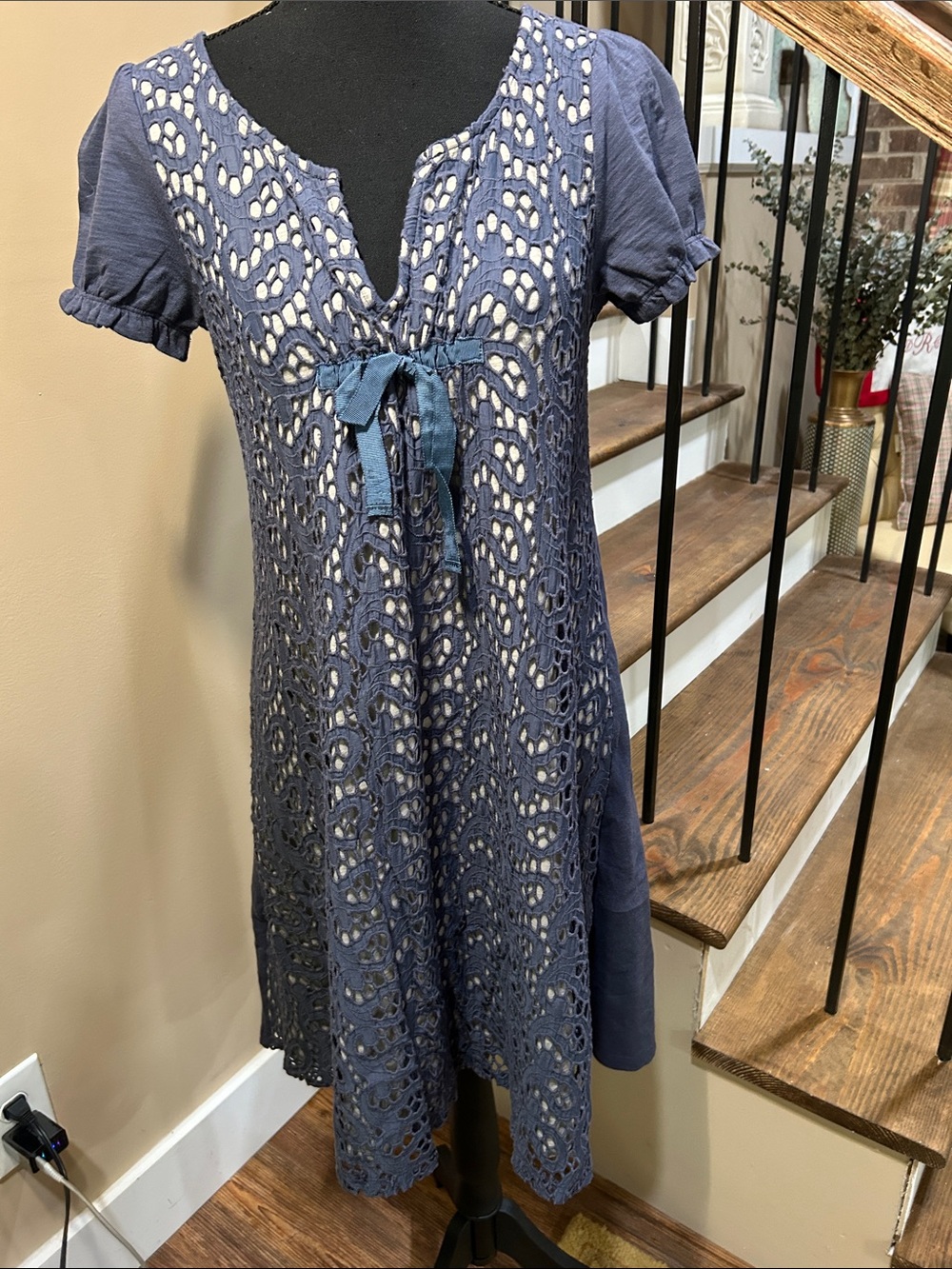 Sundance XS Heathered Blue eyelet knit over gray knit cotton  dress
